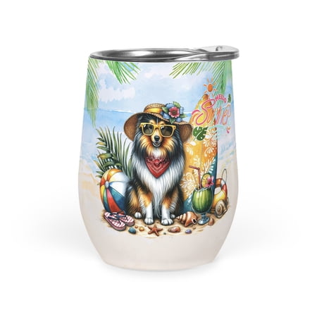Shetland Sheepdog Hello Summer with Sunglasses and Surfboard Tropical Vibes 12oz Stainless Steel Wine Tumbler Insulated Cup with Lid Sheltie Dog Lover Gifts - 00007