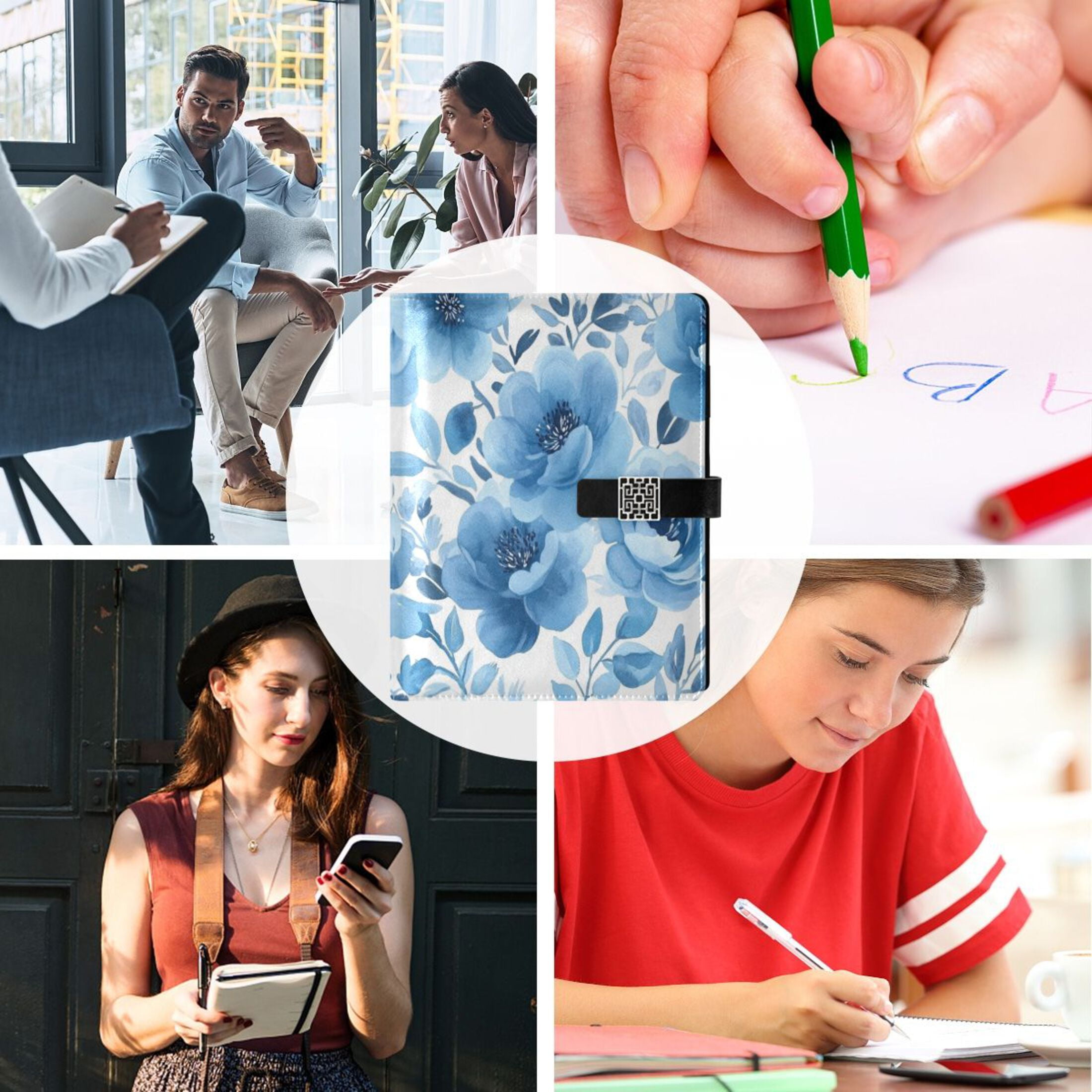 Leather Planner Leather Notebook Notebook Journal Binder Design Pen Pocket Design Convenient for Storage Cartoon Blue Flower