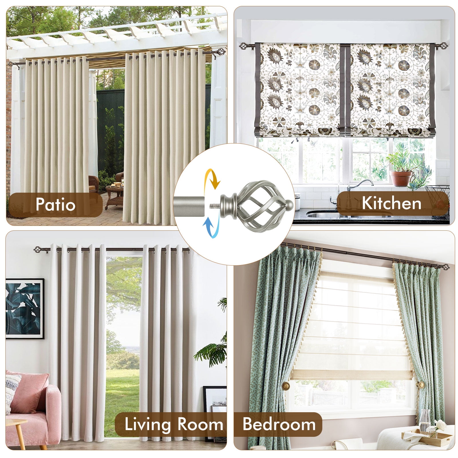 KAMANINA 3/4" Adjustable Single Curtain Rod with Twist Cage Finial, 48 - 84", Antique Silver