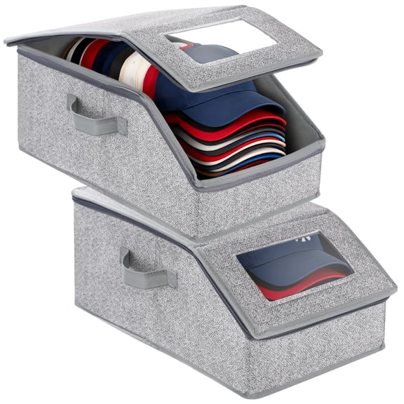 2PCS Hat Storage Box For Baseball Caps, Stackable Hat Storage, Closet Organizer with Clear Window, Easy to Access, Foldable Fabric Container, 16.6" x 8.7" x 6.7"