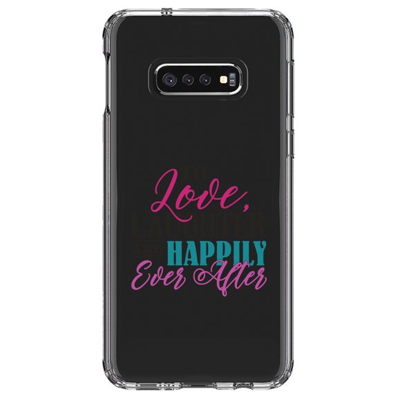 DistinctInk Clear Shockproof Hybrid Case for Samsung Galaxy S10e (5.8" Screen) - TPU Bumper Acrylic Back Tempered Glass Screen Protector - Love Laughter & Happily Ever After