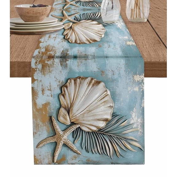 Blue Coastal Table Runner 48 Inches, Vintage Summer Beach Nautical Starfish Bed Runner Dresser Scarves Tabletop for Indoor Outdoor Parties/Ceremony/Banquet, 13" x 48"