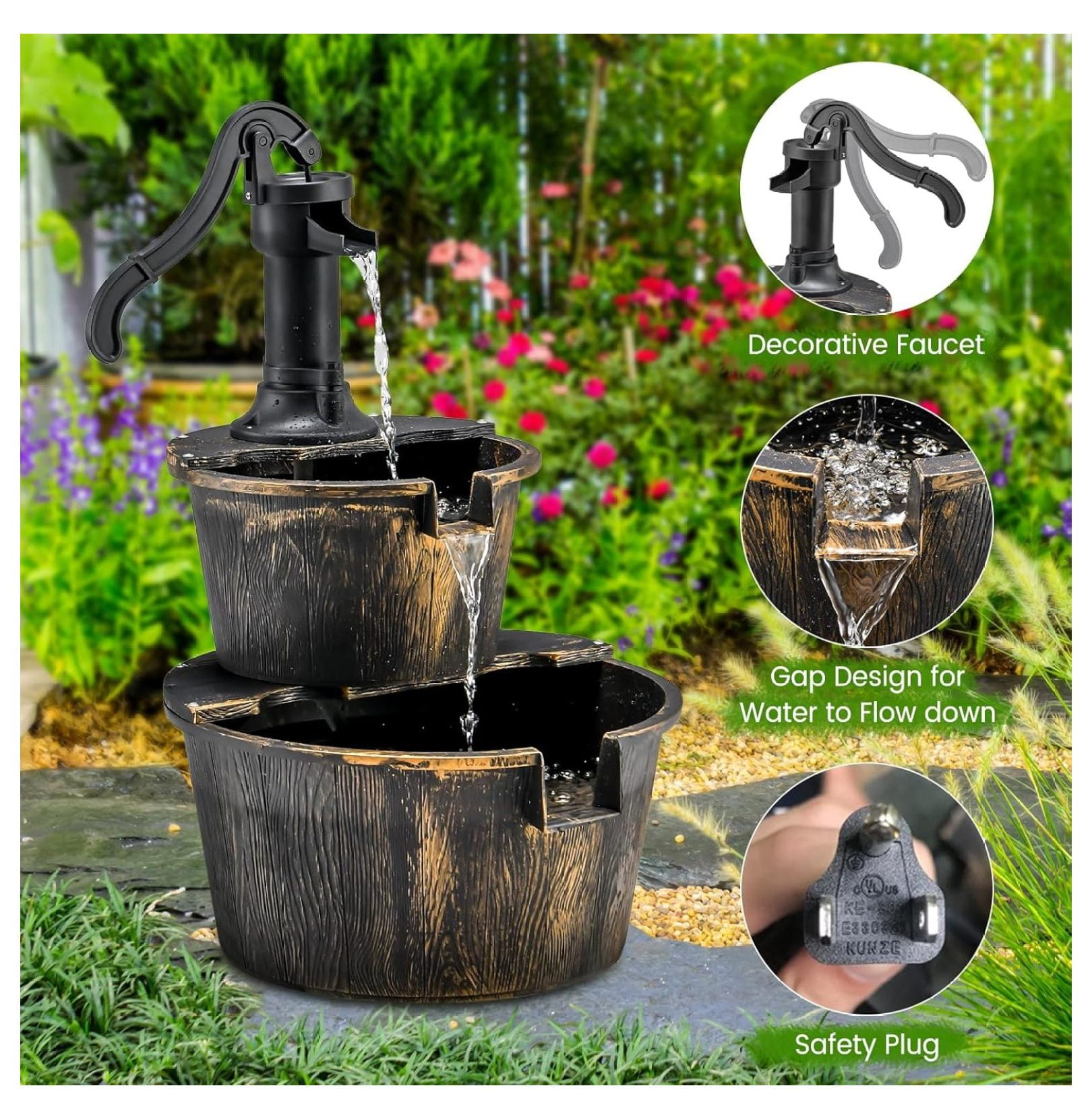 Water Fountain Outdoor, 2-Tier Water Feature Decor with Electric Pump, Freestanding Cascading Waterfall Fountain for Garden Patio Backyard Decor or Porch