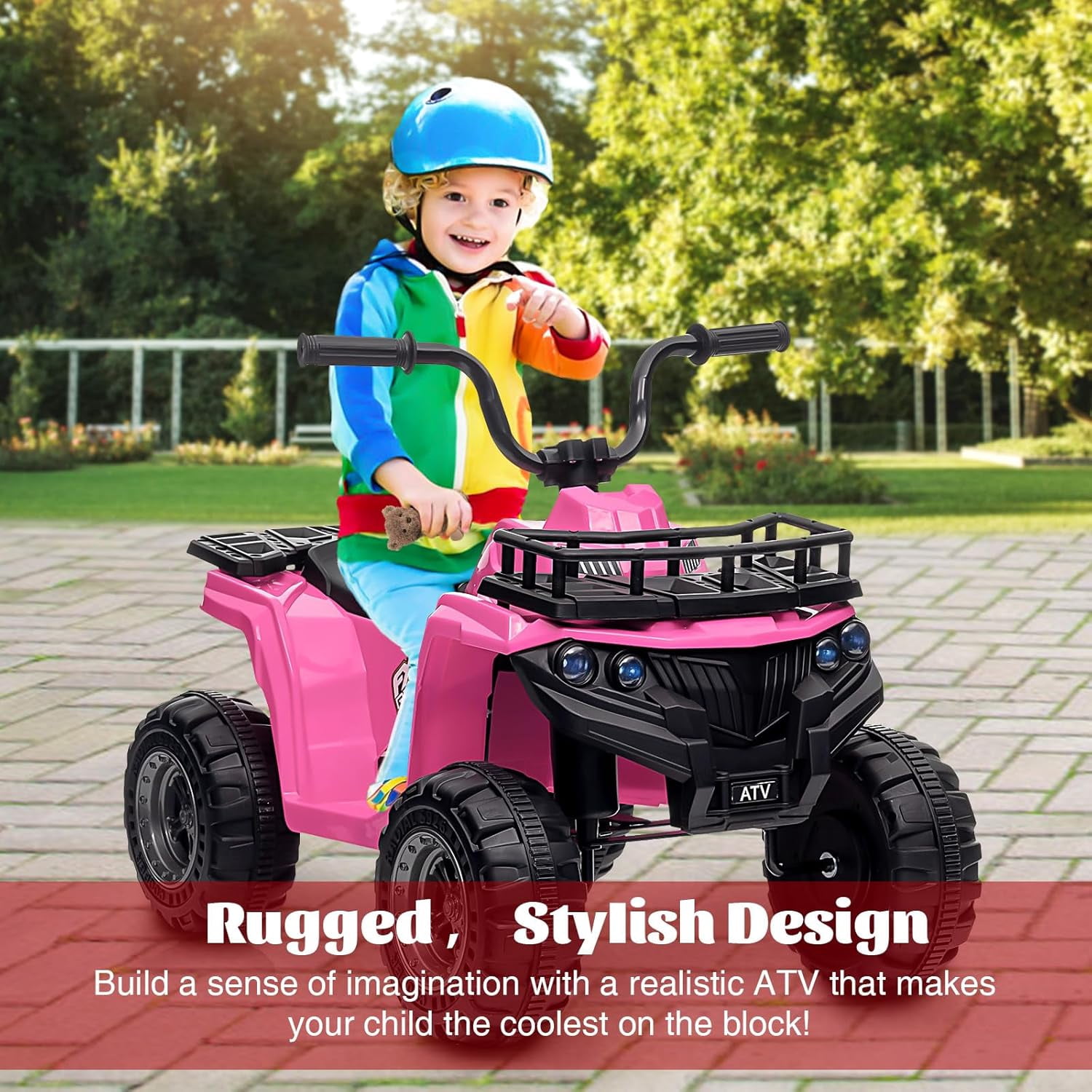 Trilenars 12V ATV Electric 4 Wheeler in Pink with LED Lights,Pink