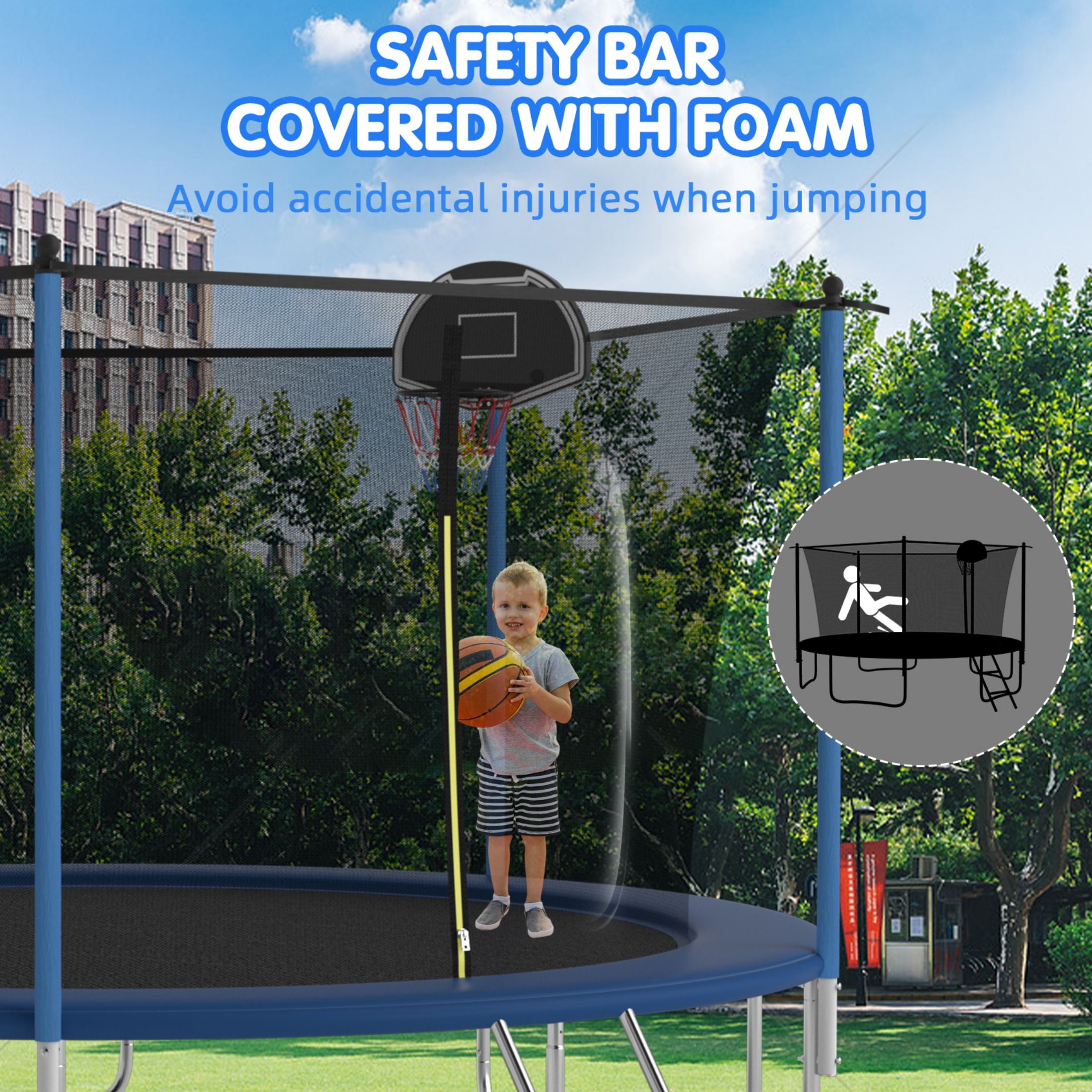 SENCHO GINSYTALIOR Trampoline 12ft Round Outdoor Trampoline for Kids with Enclosure Net, Basketball Hoop, 300-1000LBS Weight Capacity