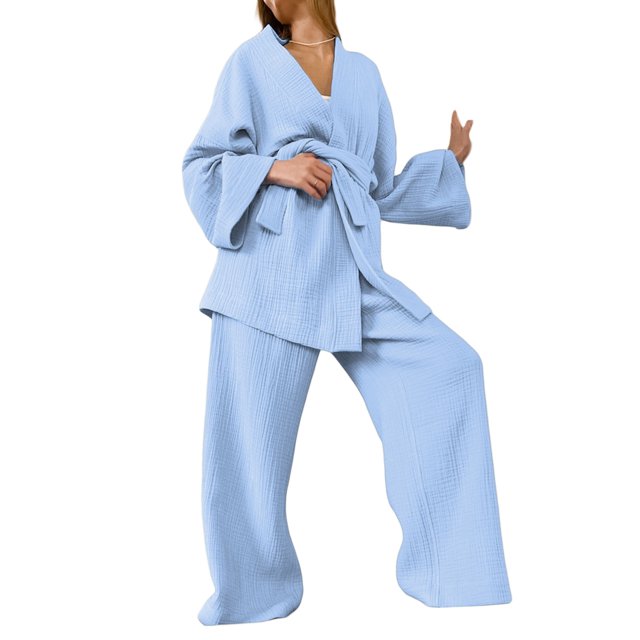 VISgogo Conjuntos de pijamas para mujer, cárdigan de manga larga de color sólido con cinturón + conjunto de pantalones largos elásticos de cintura alta VISgogo moda