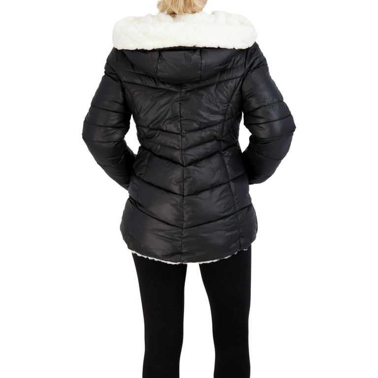 Reversible Faux Fur Puffer Jacket, Reversible Faux Fur Hooded Coat In Black And White