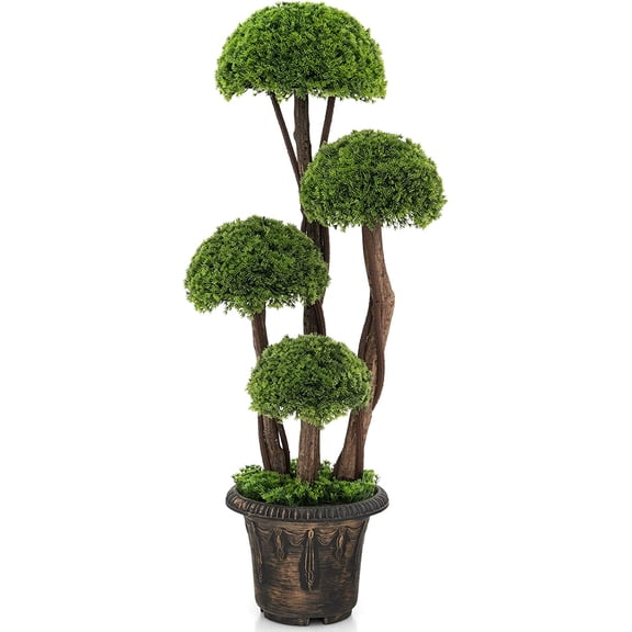 QRKD 3 FT Artificial Cypress Topiary Ball Tree, Indoor & Outdoor Fake Boxwood Tree with Rattan Trunk, Cement Filled Pot, Decorative Faux Greenery Plant for Home, Front Porch, Entryway, Office