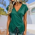 thumbnail image 2 of Wang6 Womens V Neck T Shirts Trendy Summer Short Sleeve Loose Fit Tops Causal Cross Neck Solid Tees Shirts 0625LiDark Green S, 2 of 4