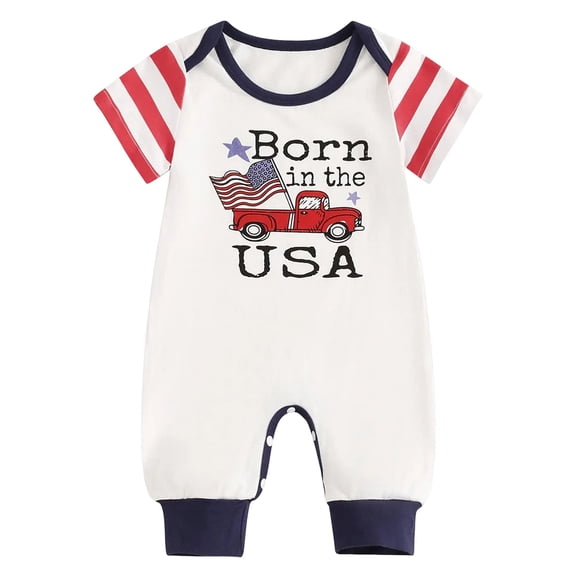 Xudanell Baby Boy Girl My 1st 4th Of July Outfit Short Sleeve Letter Stars Stripes Print Romper Jumpsuit (White, 0-3 Months)