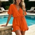thumbnail image 6 of biudgviw Womens Summer Rompers Short Sleeve V Neck Jumpsuits Drawstring Casual Ruffle Hem Shorts Beach Vacation Outfits, 6 of 7