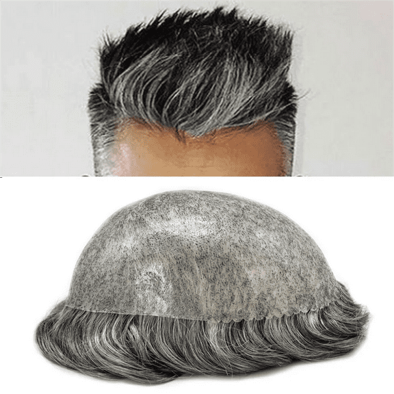 Toupee for Men Durable Full PU Mens Toupee Human Hair Replacement System Black Brown Blonde Gray Hairpiece #1B50 Off Black with 50% Gray