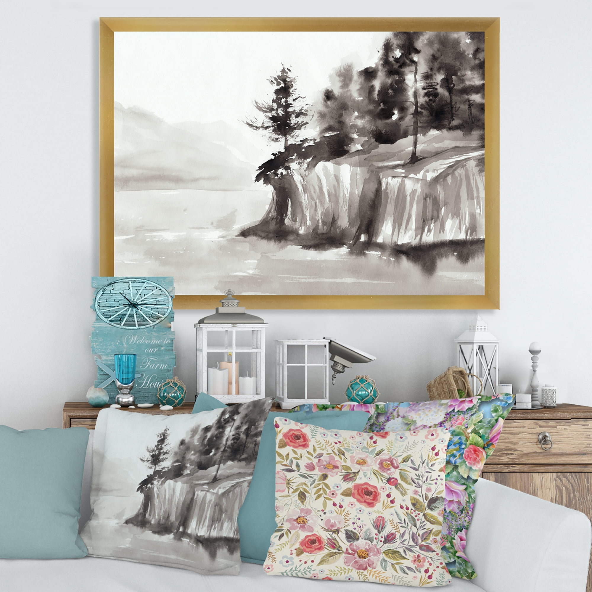 Designart 'Black & White Cliffs By The Lake' Nautical & Coastal Framed Art Print
