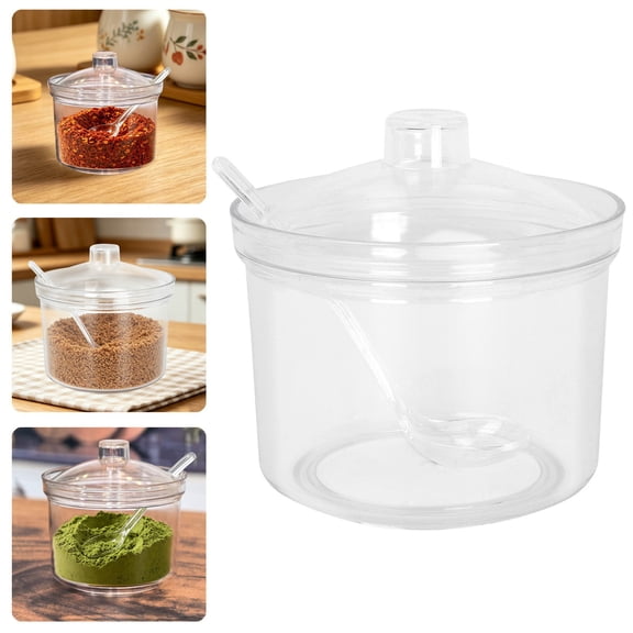 CPHDW7 Clear Acrylic Sugar Bowl, Seasoning Dispenser with Lid and Spoon, Multipurpose Kitchen Storage Container for Salt Pepper Spices Oil