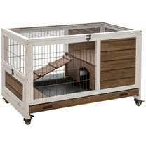 Pefilos 35" Wooden Rabbit Hutch Indoor, Outdoor Bunny Enclosure on Wheels Guinea Pig Cage for Small Animals with Pull Out Trays, Brown