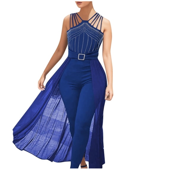 HXWCHs Straight Leg Jumpsuits for Women, Stylish Women's Sleeveless Jumpsuit with Zipper Front and Elegant Mesh Waistband Design L Blue
