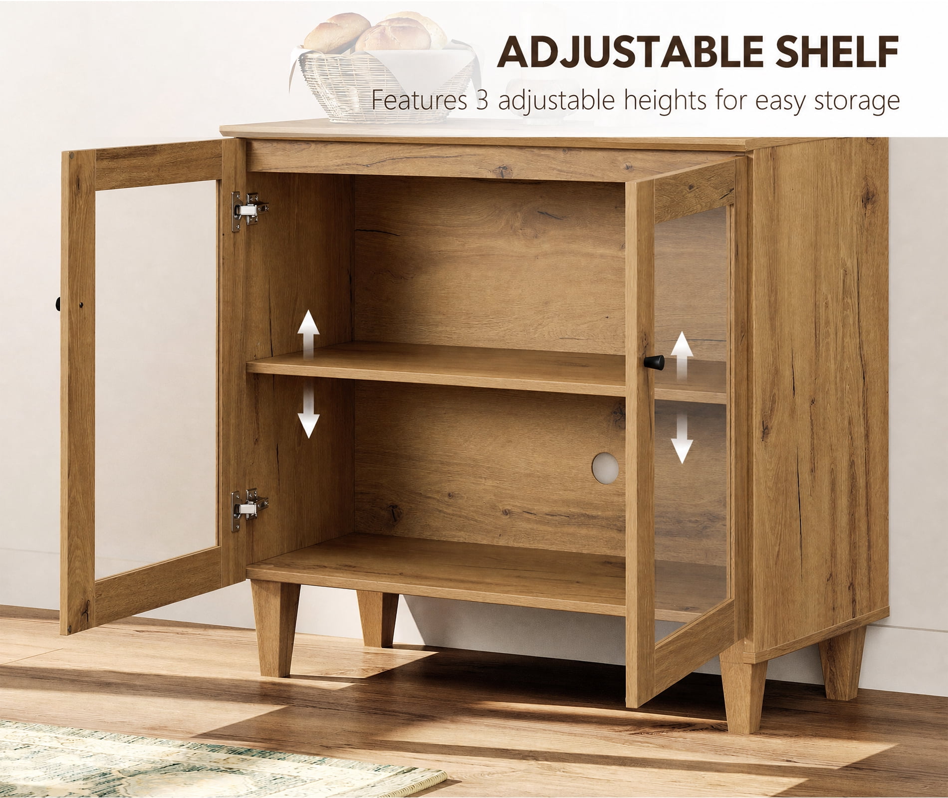 Modular Buffet Cabinet Sideboard With Glass Doors, Wide Drawers, Adjustable Shelves and Cable Management For Kitchen Dining Room, 142" W, Brown Wood