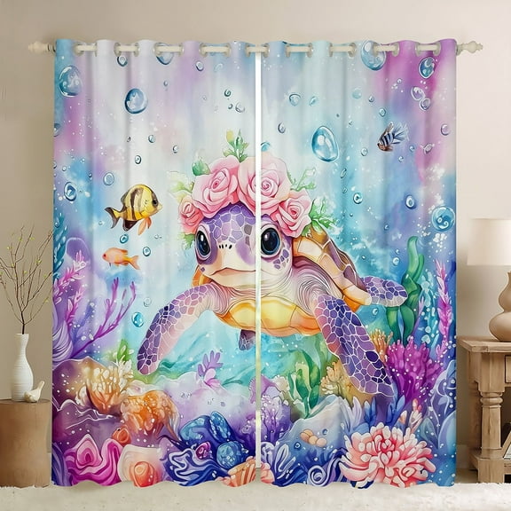Erosebridal Floral Turtle Curtains for Living Room,Underwater World 30%-50% Blackout Curtains Set of 2 (38x45),Sealife Decoration
