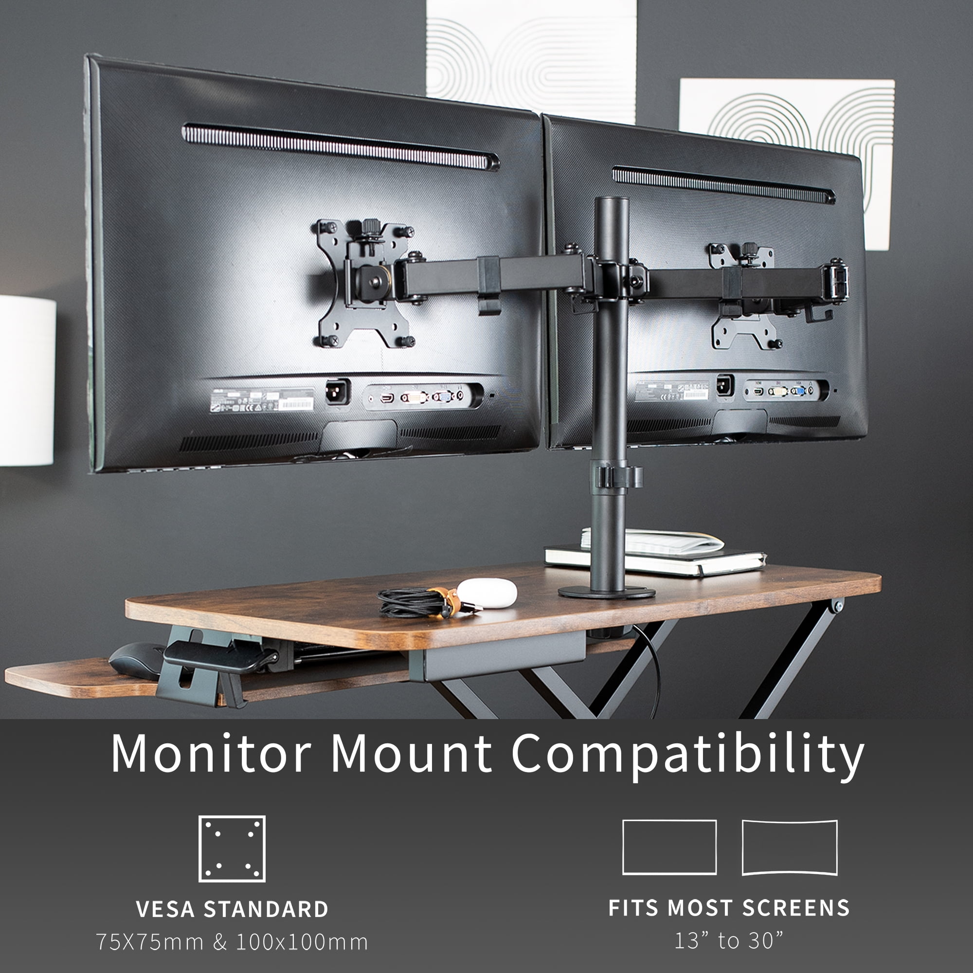 VIVO Vintage Brown/Black 32" Standing Desk Riser with Dual 13"-30" Monitor Mount