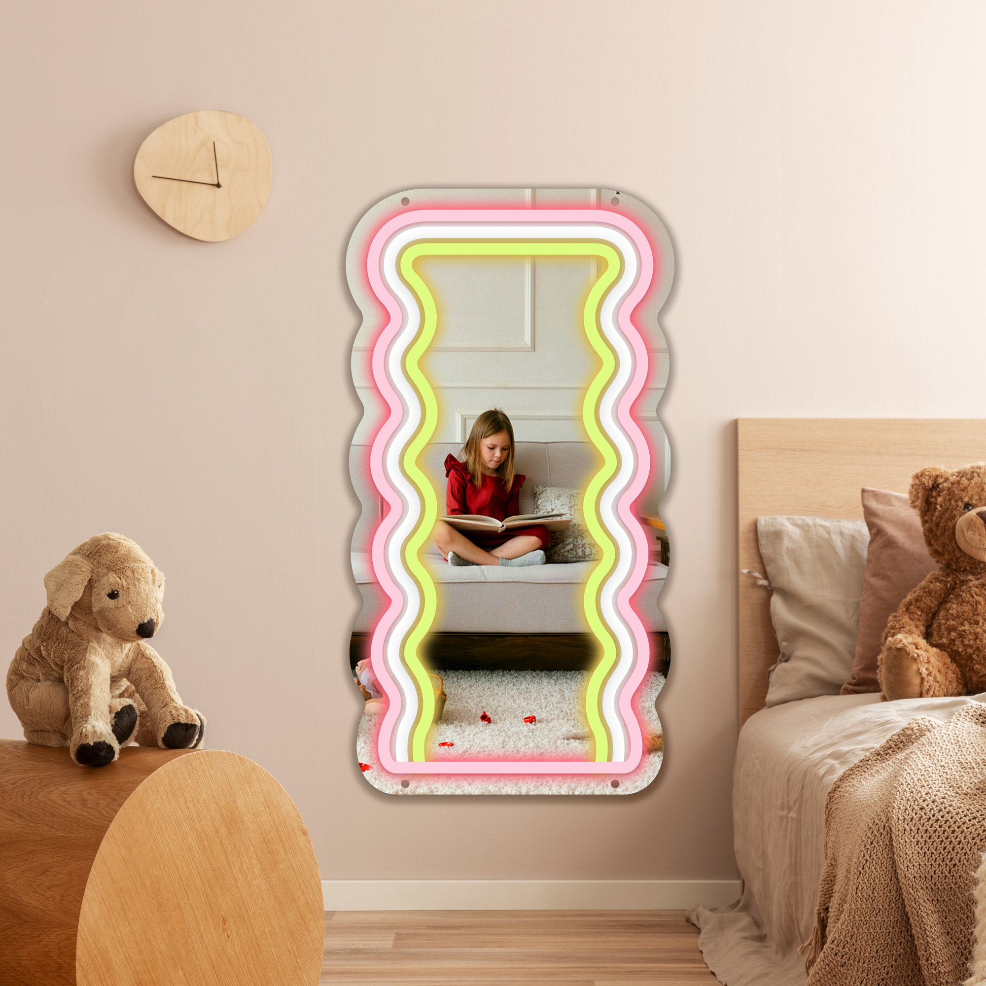 Anime Wave Mirror with Light Neon Signs for Wall Decor, Neon Mirror with Dimmable for Teen Girls Gift，Makeup Mirror Neon Signs Cute Acrylic Mirror for Girls Room