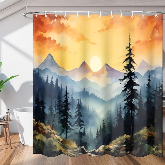 Adventure Mountain Pine Tree Shower Curtains, Waterproof Fabric, Washable Polyester Bath Curtain for Bathroom with Hooks 36"W x 72"H