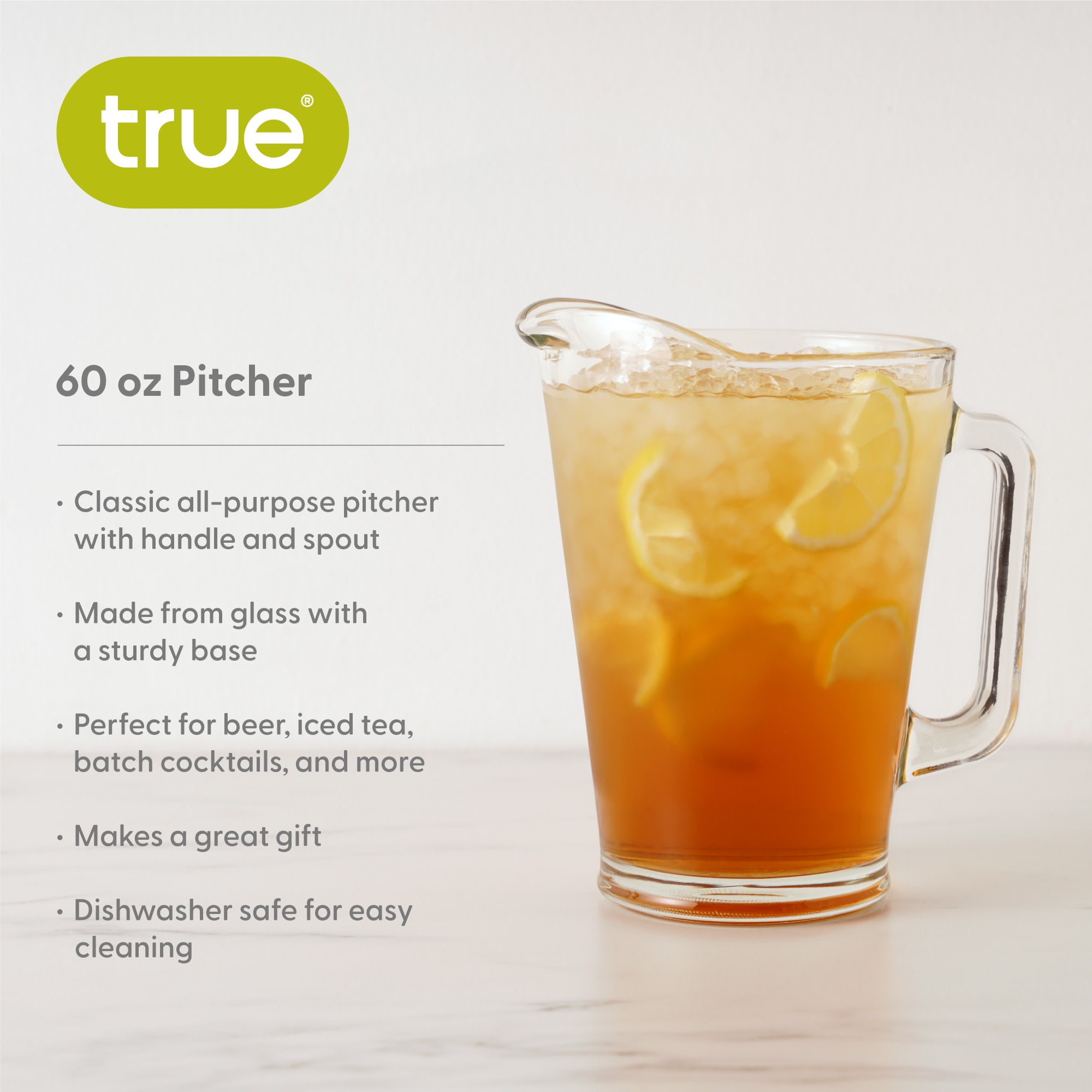 True Large Glass Pitcher for Cocktails, Beer, Iced Tea, Water, Juice, 60oz