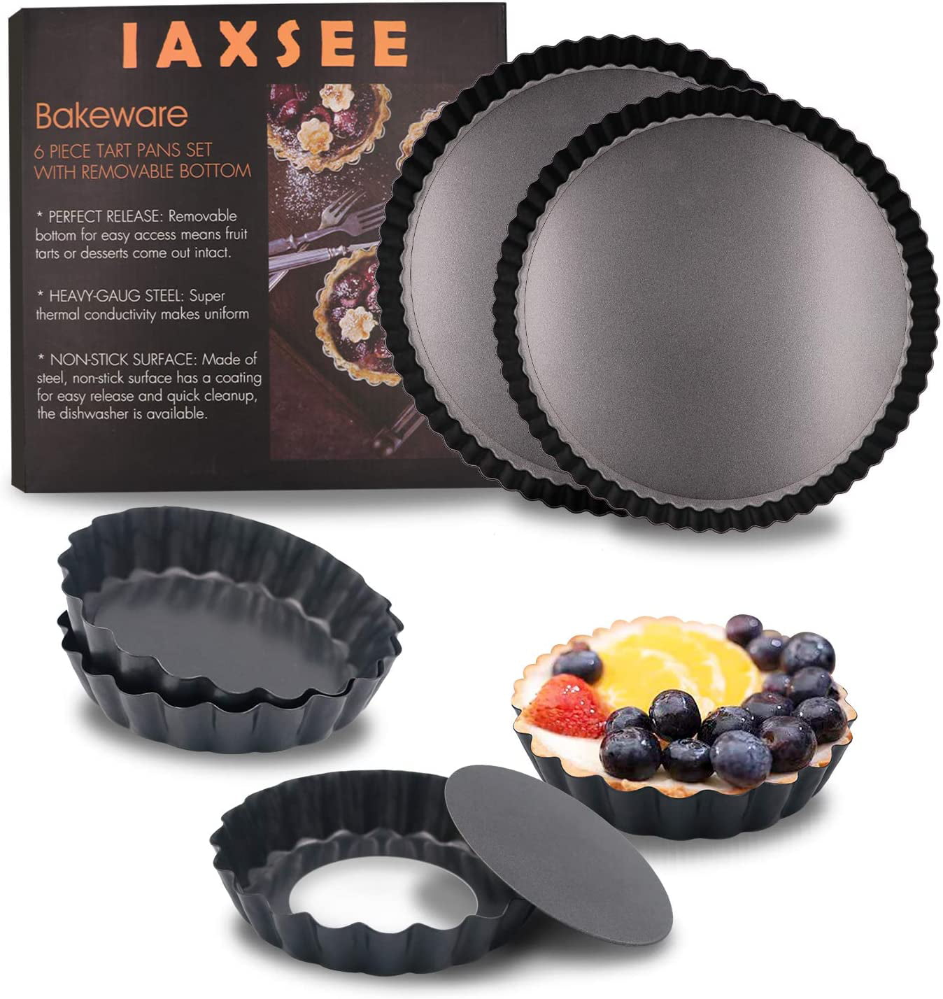Quiche Pans,6 Pack 6 Inch Non-Stick with Removable Loose Bottom Tart Pie Pan,Round Tart Quiche Pan with Removable Base 