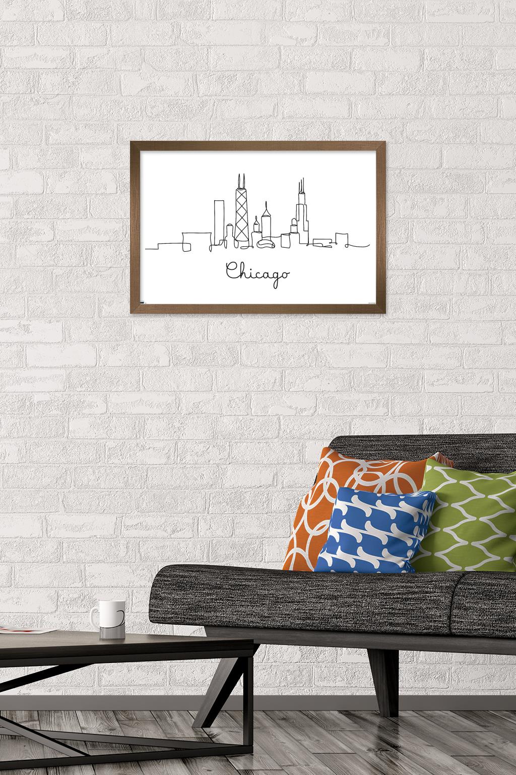 Line Art Skyline - Chicago Wall Poster, 14.725" x 22.375", Framed