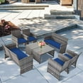 thumbnail image 1 of Gymax 8PCS Patio Outdoor Rattan Conversation Furniture Set w/ Navy Cushion, 1 of 10