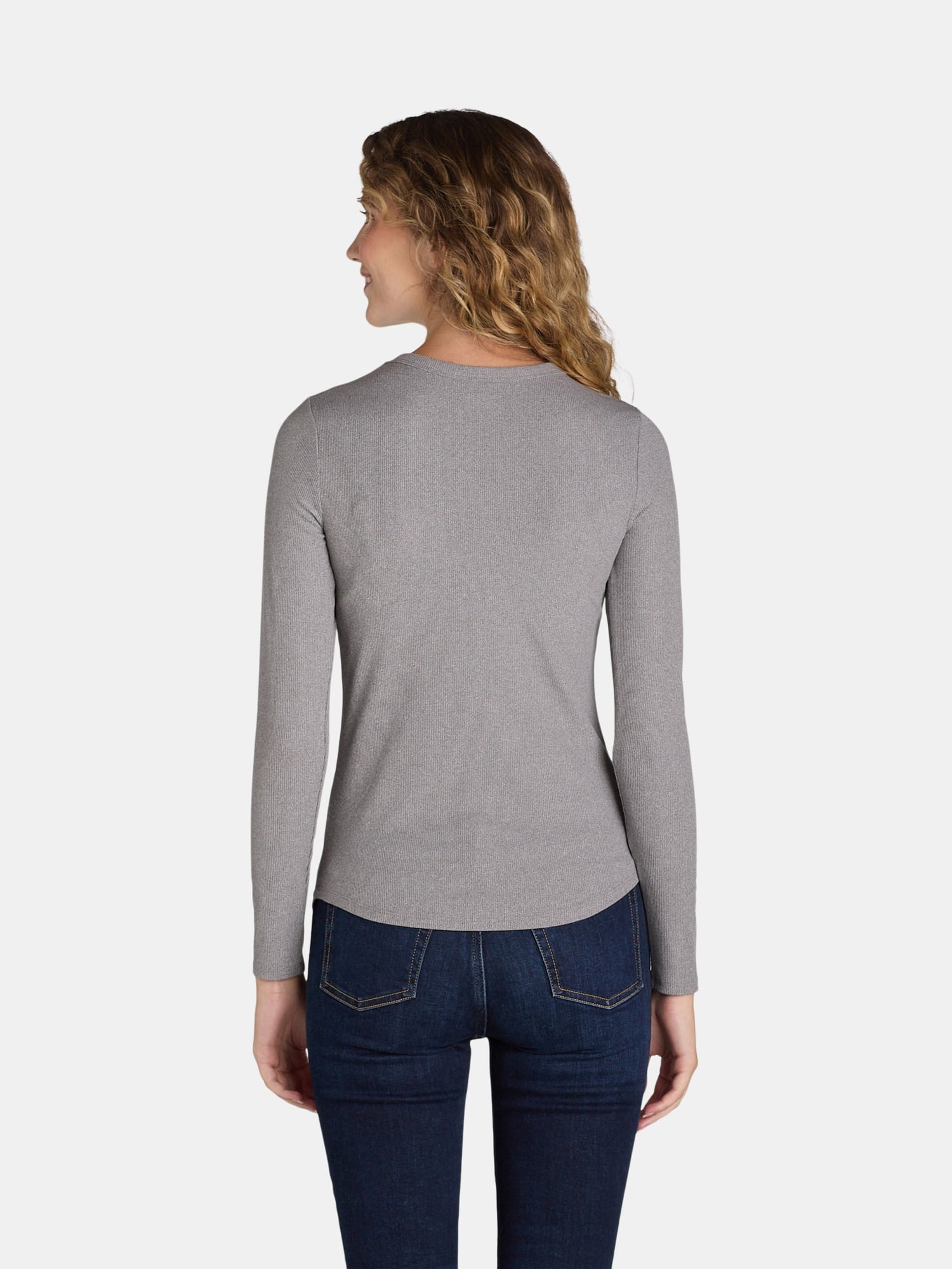 No Boundaries Ribbed Crewneck Tee with Long Sleeves, 1 or 2-Pack, Women's & Women's Plus XXS-XXL