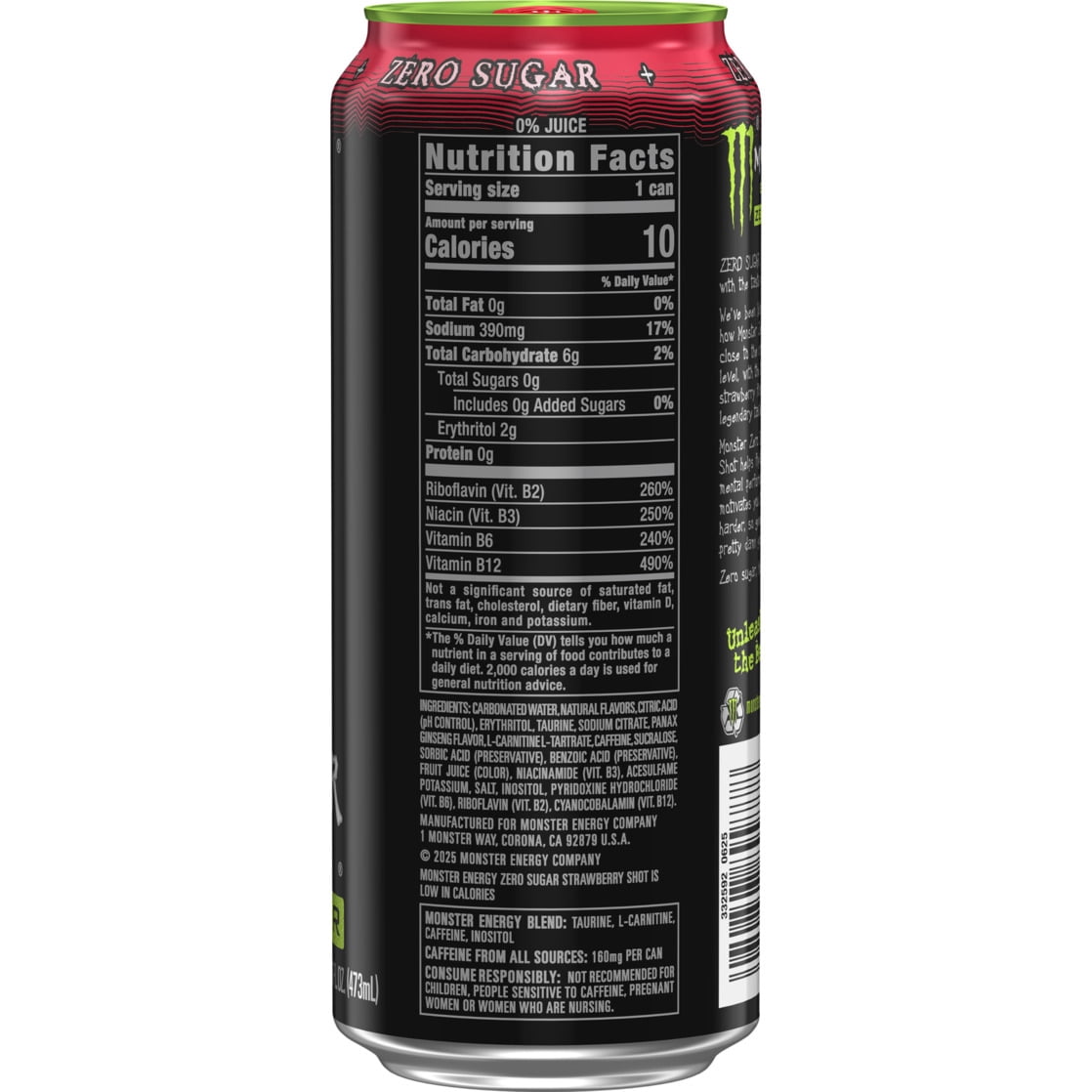 (6 pack) Monster Energy, Strawberry Shot, Zero Sugar, Energy Drink, 16 fl oz, Can