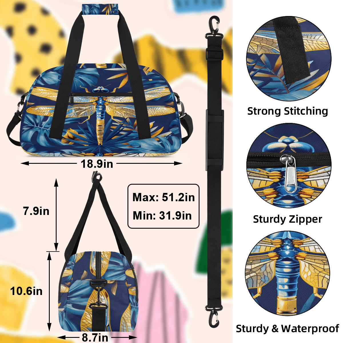 Herdesigns Dragonfly Sports Duffle Bag for Women & Men, Dragonflies Gym Bag Dance Bag Overnight Bag Carry On Weekender Travel Bag