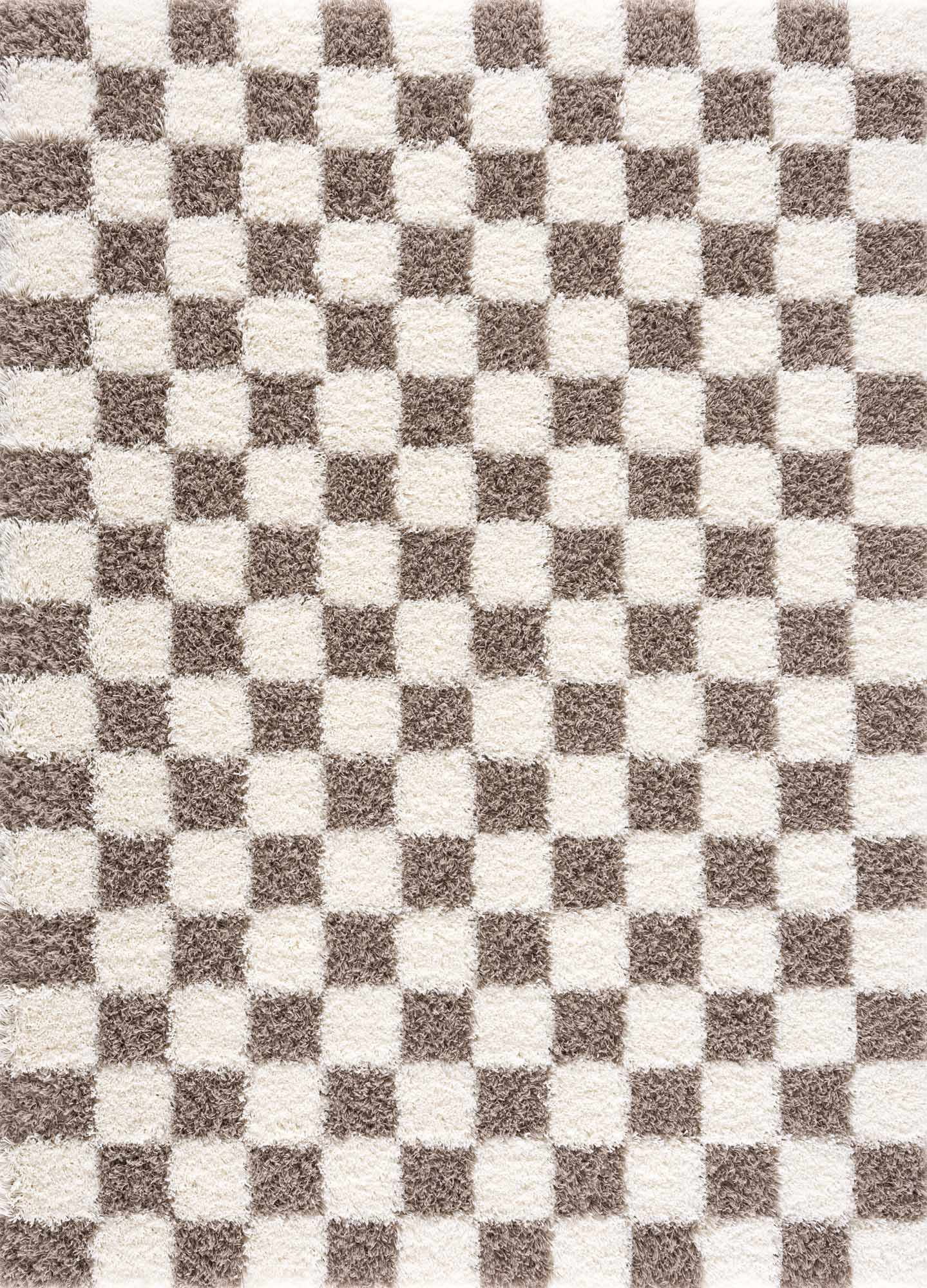 Hauteloom Marshmallow Contemporary Checkered Fluffy Shag Area Rug - Modern Geometric Carpet Tiles for Living Room, Kids Room, Nursery - Plush Pile - Cream, Brown - 8'10" x 12'
