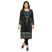 Maple Clothing Long Kurti Indian Tunics Kurta Top Women's India Apparel (Black/Green, 3XL)