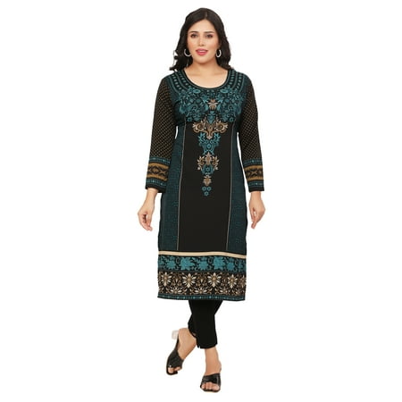 Maple Clothing Women's Indian Apparel Long Kurta India Tunic Top Kurti (Black/Green, M)