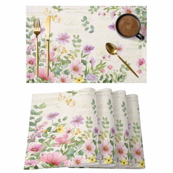 Placemats 1 Pack, Pink Purple Flower Woven Placemat, Linen Place Mats for Kitchen/Dining Tables, Spring Vintage Country Floral Leaf Plant Washable Table Mats for Party
