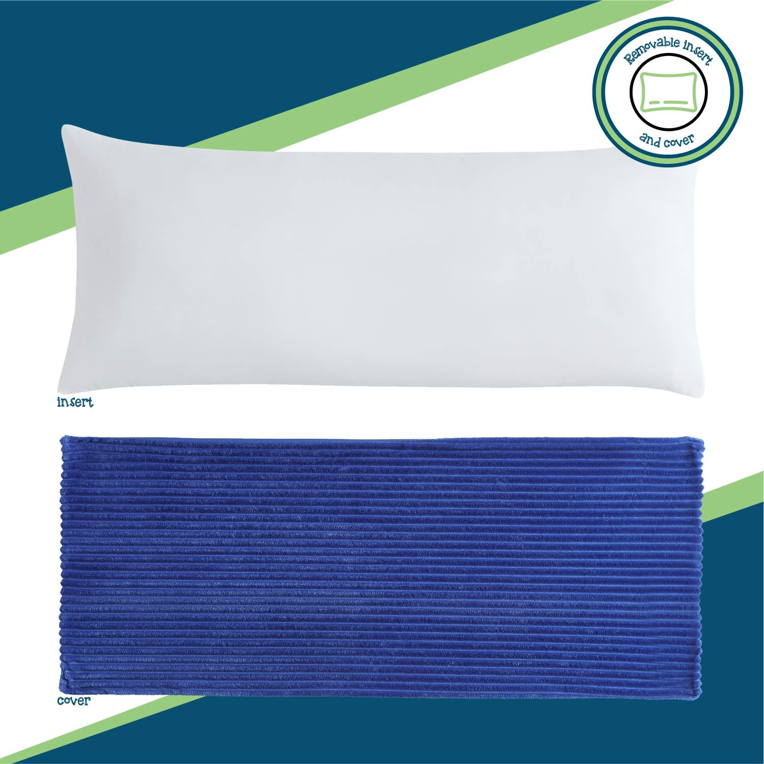Your Zone Ribbed Body Pillow with Removable Cover, Blue, 48 in x 20 in
