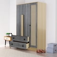 thumbnail image 2 of Glavbiku 3 Rattan Door Wood Wardrobe for Bedroom,Armoire with 2 Drawer,Clothes Storage Cabinet,Gray, 2 of 10