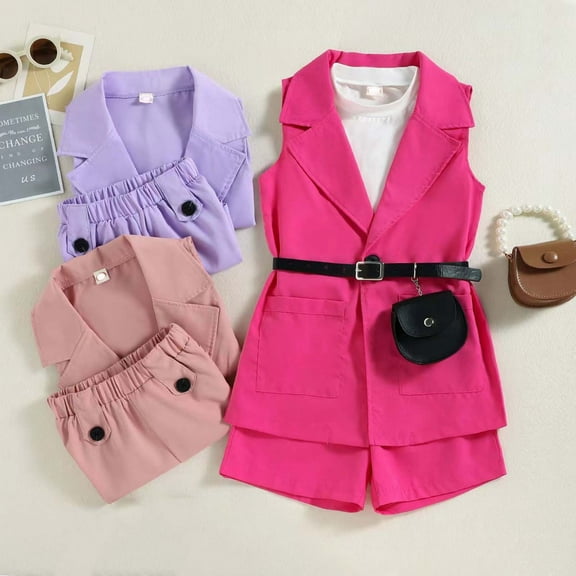 safuny Baby Girls Fall Winter Long Sleeve Turndown Collar Set And Trousers with Belt Bag Baby Fashion Suit Solid Childs Clothes Playwear Sleeveless 4Pc Outfits Sets Hot Pink 4 Y