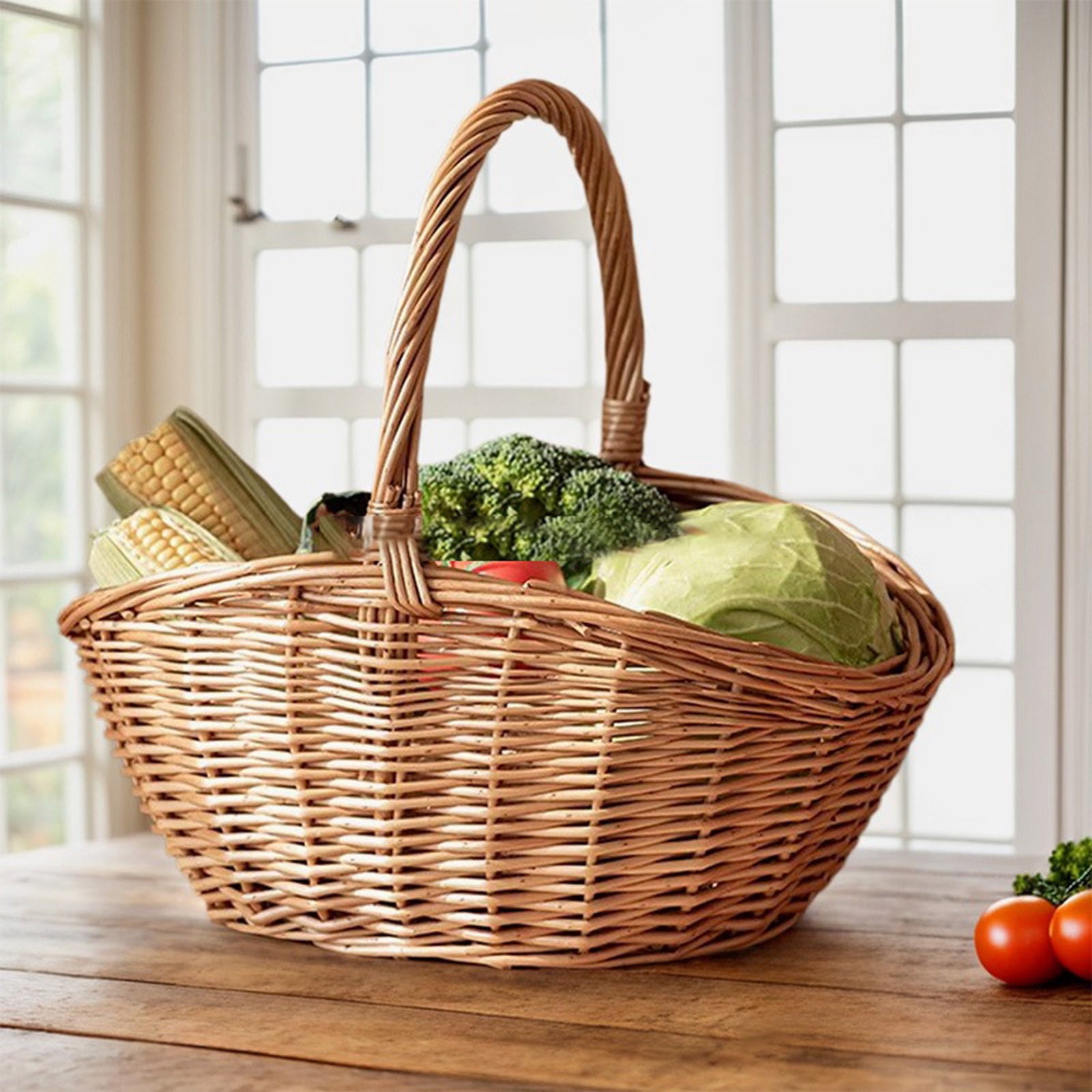 Junepar 2PCS Rattan Storage Basket with Handle Large Woven Wicker Basket for Picnic,Harvesting Vegetables,Fruit Flower Arranging Multipurpose Organizer for Garden, Home,Easter Camping
