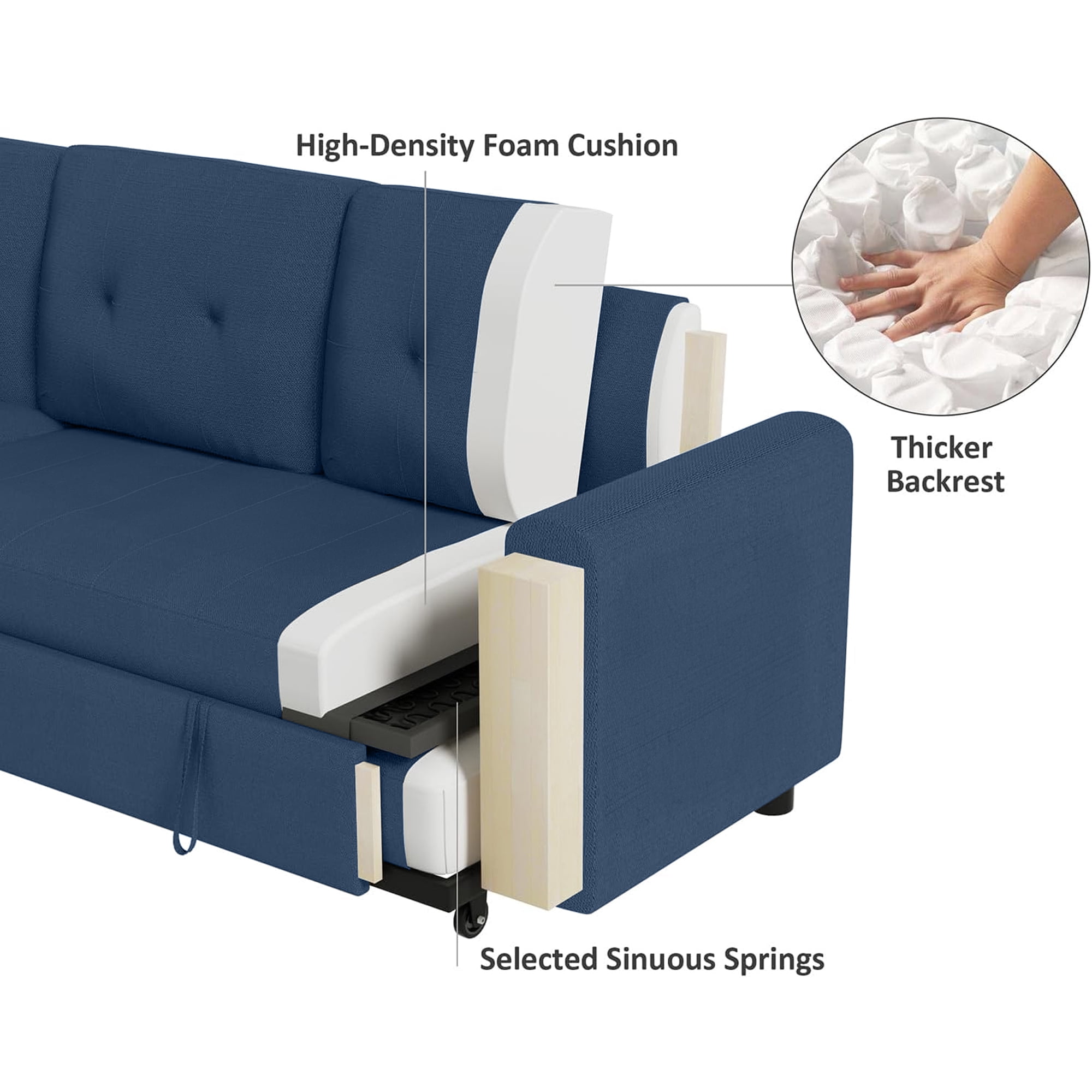DEALTOPS Linen Reversible Sleeper Sectional Sofa Bed with Storage Chaise,Blue