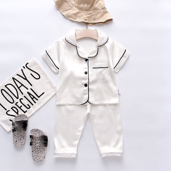 SONGGE Toddler Kids Baby Boys Girls Satin Button Down Short Sleeve Shirt Tops Long Pants Silk Tops Pants Outfit Sets Loungewear Set O-Neck Cartoon Relaxed Fit Clothing Sets