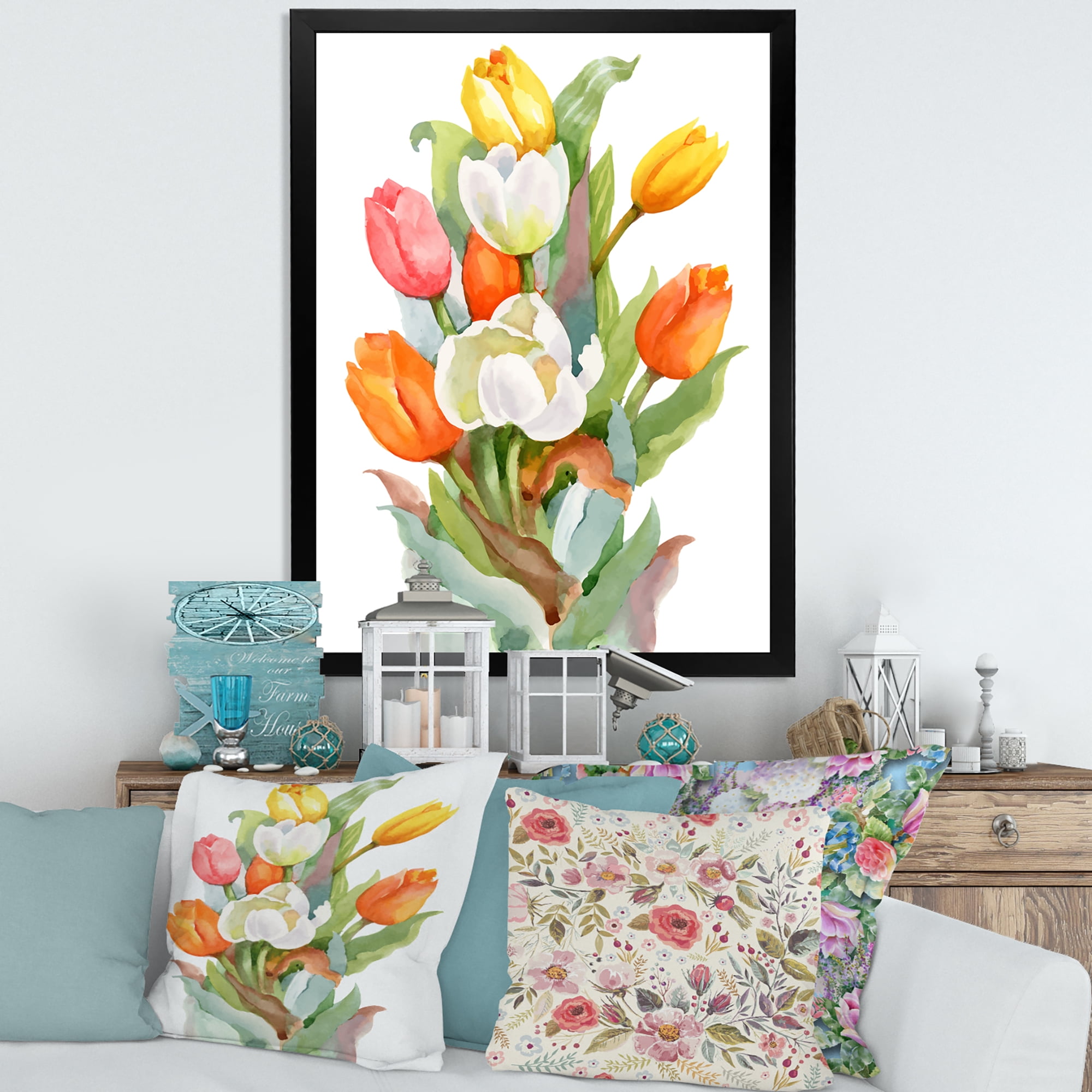 Designart 'Blooming Orange and White Tulips Flower' Traditional Framed Art Print