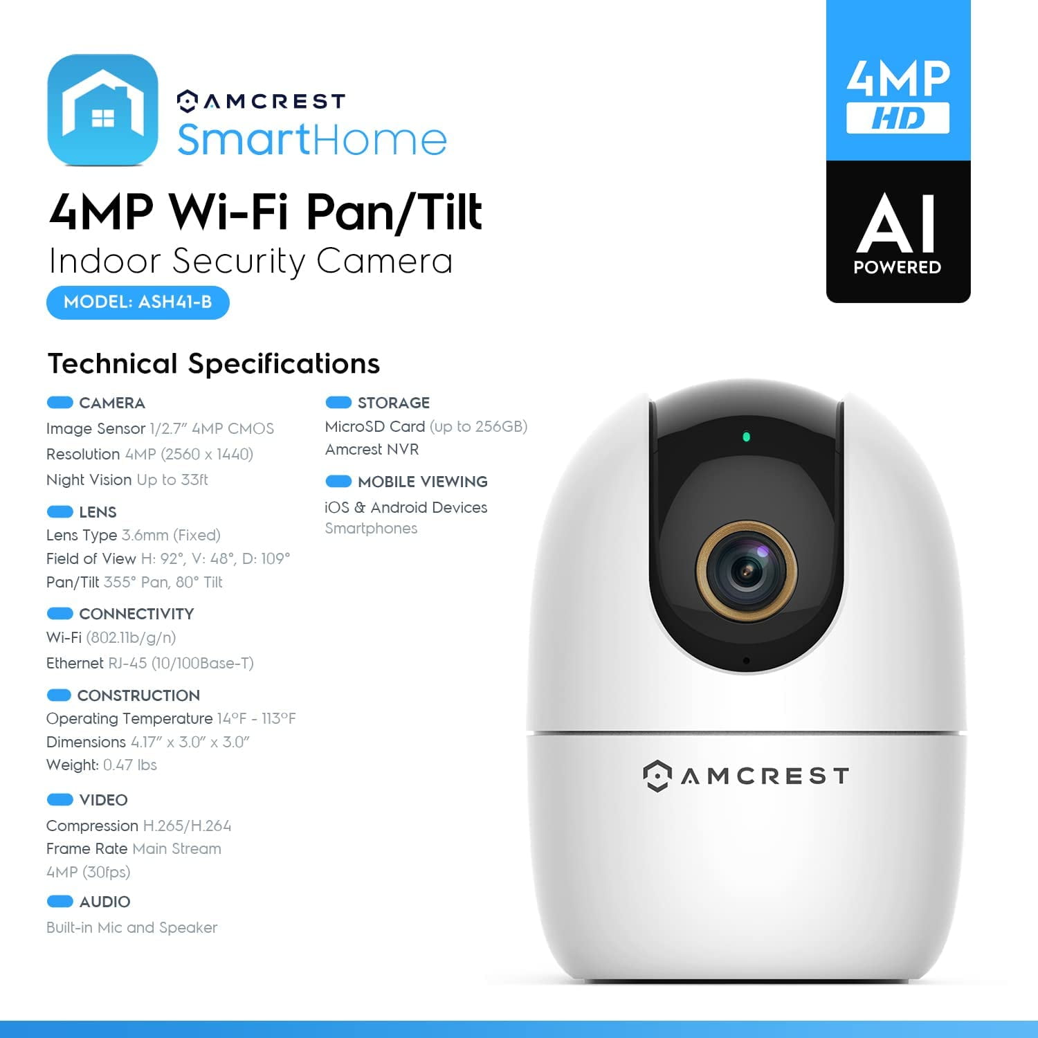 Amcrest 4MP WiFi Camera Indoor, Dog Camera, Sound & Baby Monitor, Human & Pet Detection, Motion-Tracking, w/ 2-Way Audio, Phone App, Pan/Tilt Wireless IP Camera, Night Vision, Smart Home ASH41-W