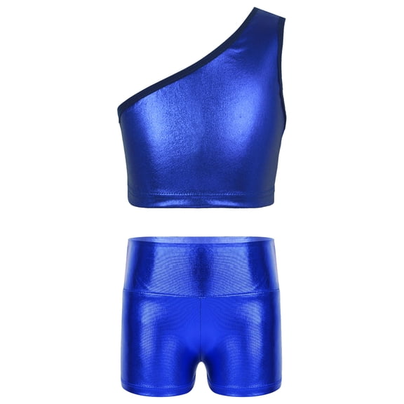 Eandarui Kids Girls Gymnastics Dance Workout Outfits 2 Piece Metallic Crop Top and Shorts Set Royal Blue 150