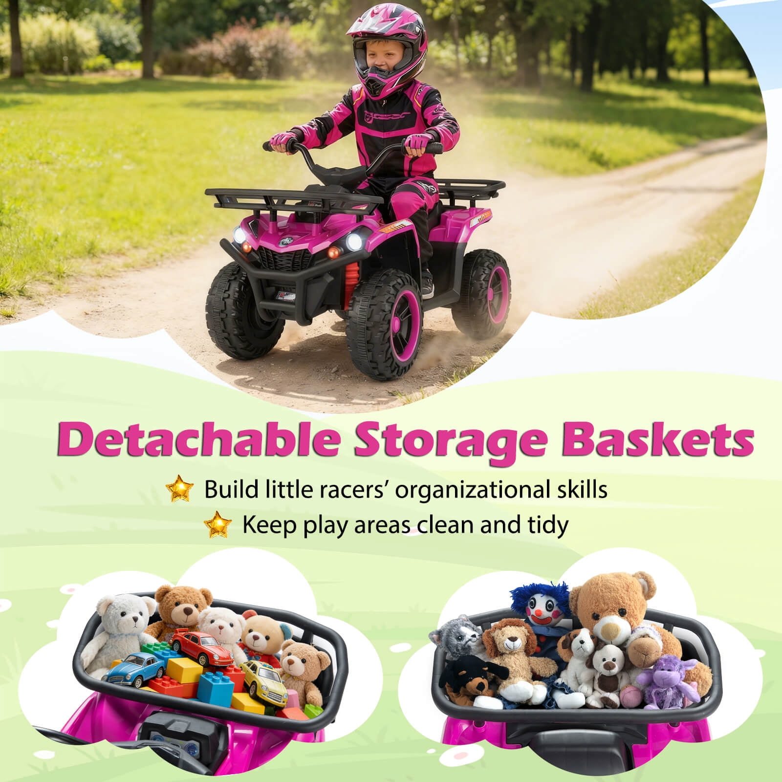 Costway 24V 4-Wheeler Ride on Toy with Slow Start, Songs, Stories, Tunes, MIC/SD/USB Port Pink