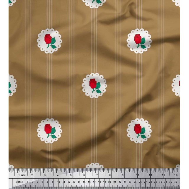 Soimoi Tissu en Poly Georgette Rayé, Feuilles & Roses Imprimé Floral au Mètre 42 Pouces de Large