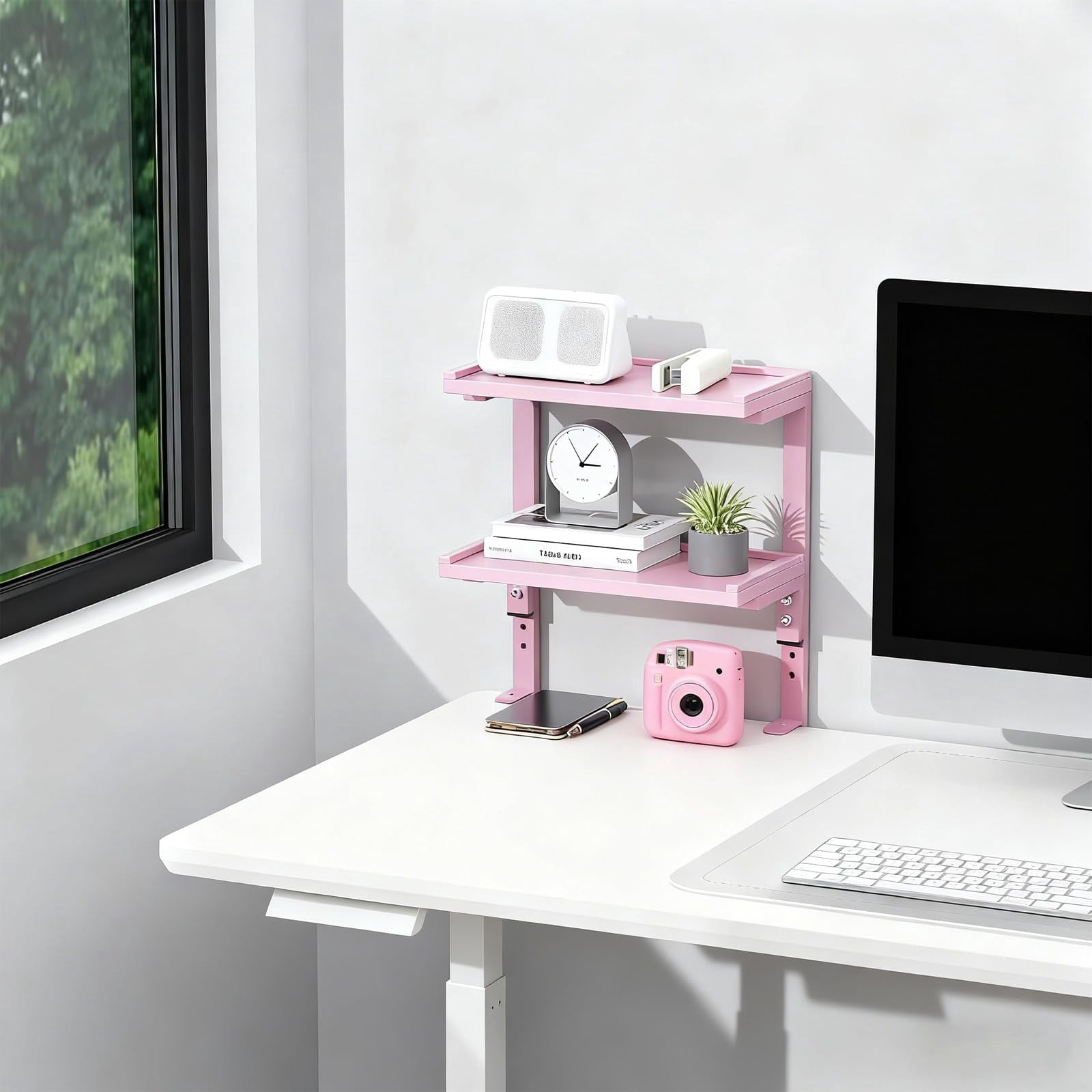 2-tier Desk Shelf  Expandable Under Storage Clamp On Desktop Accessories For Offices Study Rooms And Game (pink)