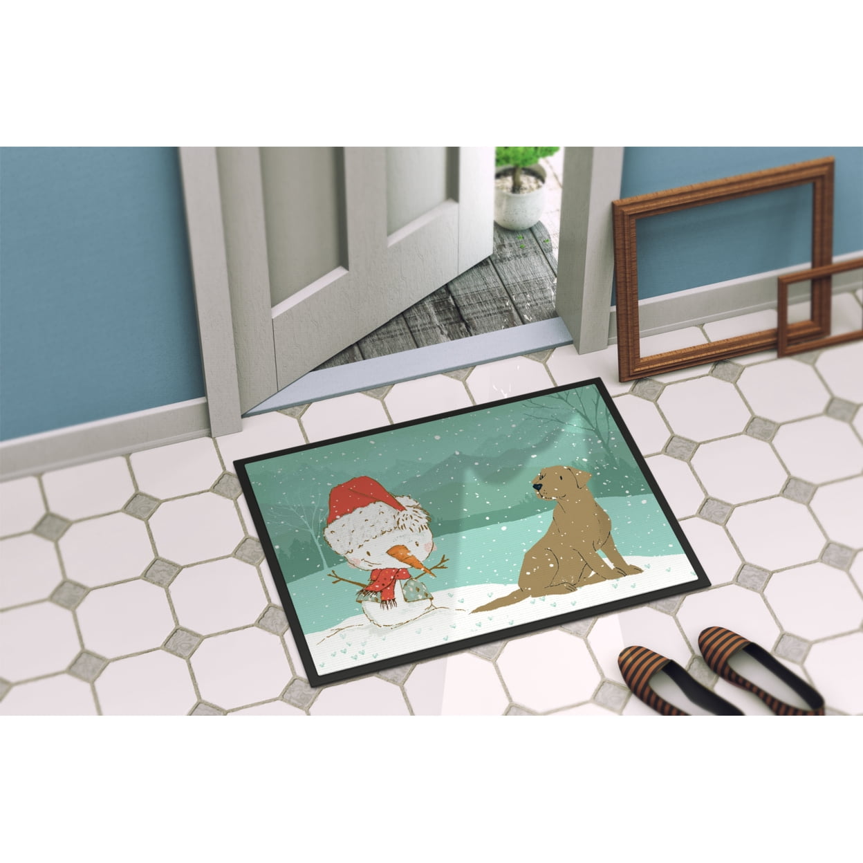 Chocolate Labrador Snowman Christmas Door Mat