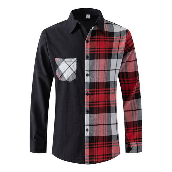 USNSM Men's Shirt Urban Stylish Patchwork Plaid Slim Fit Tops Lapel Button up Long Sleeve Shirt with Chest Pocket Wine XL